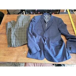 Express Mens Slim Fit Suit Navy Blue Black Plaid 2pc Blazer 40S Pants 32x32
